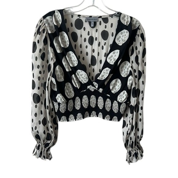 Anthropologie Conditions Apply Black Beige Print Cropped Chiffon Top Size Small - Picture 1 of 12